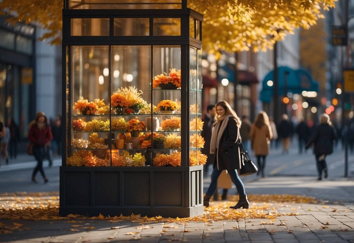 A bustling city street with colorful autumn leaves and people carrying shopping bags. Storefronts are decorated with holiday lights and window displays