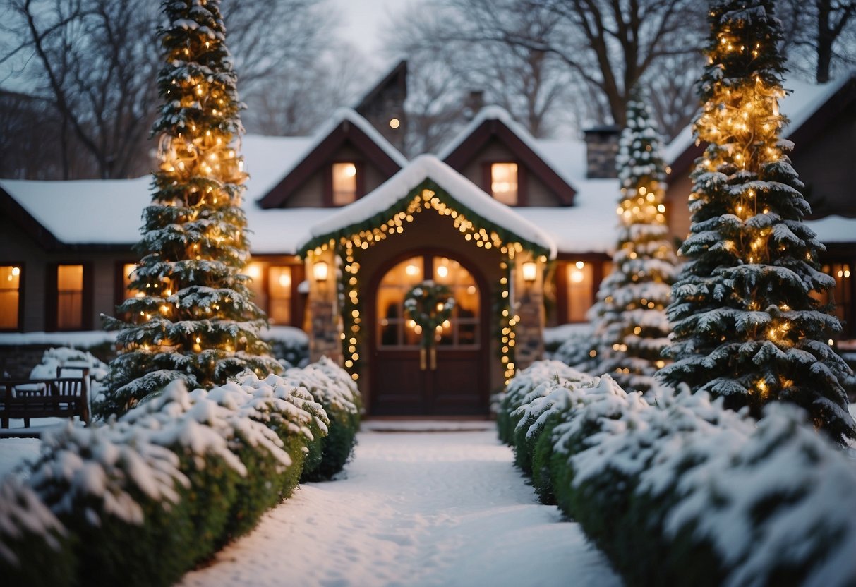 A festive December scene with snow-covered trees, twinkling holiday lights, and a cozy wedding venue adorned with wreaths and garlands