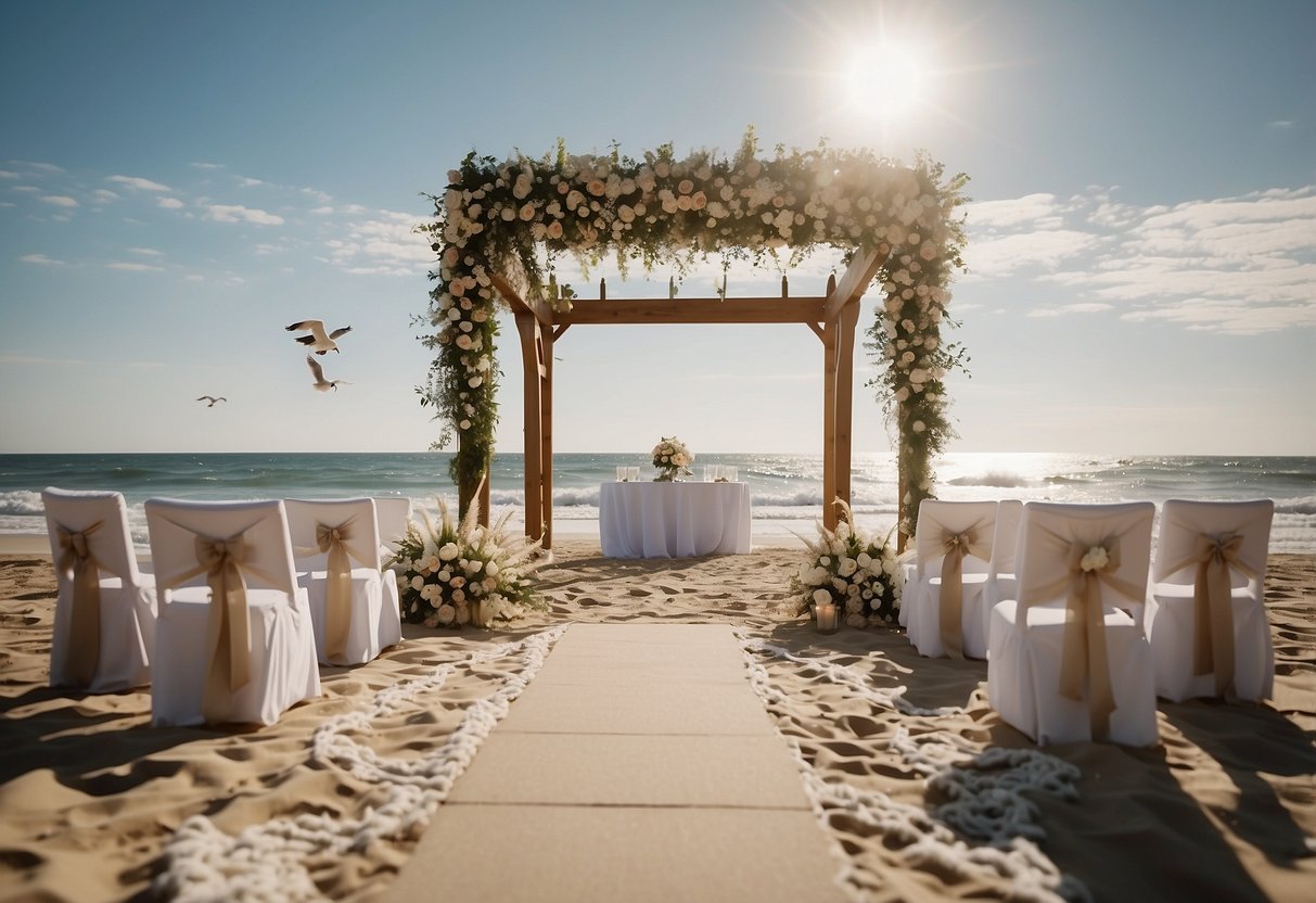 A bright, sunny beach with a calm, empty wedding altar by the shore. Seagulls fly overhead as waves gently crash in the background