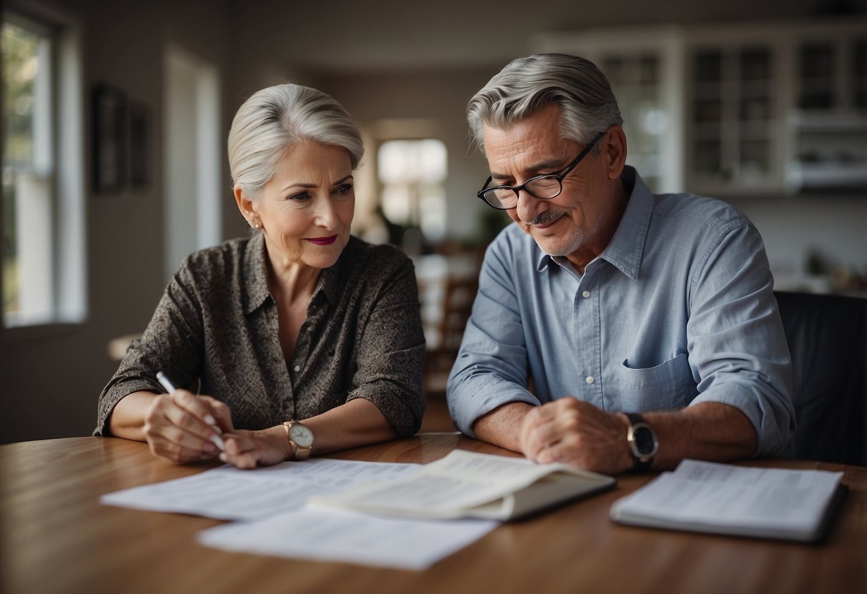 A couple, both 60 years old, sitting at a table reviewing insurance policies and financial documents, with a calculator and notepad nearby