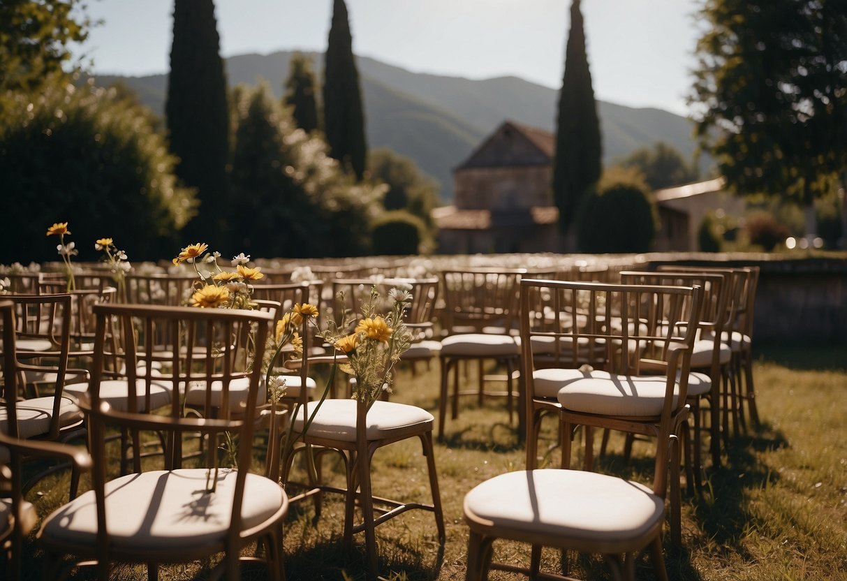 A scorching July day, with the sun beating down on a deserted wedding venue, empty chairs, and wilting flowers