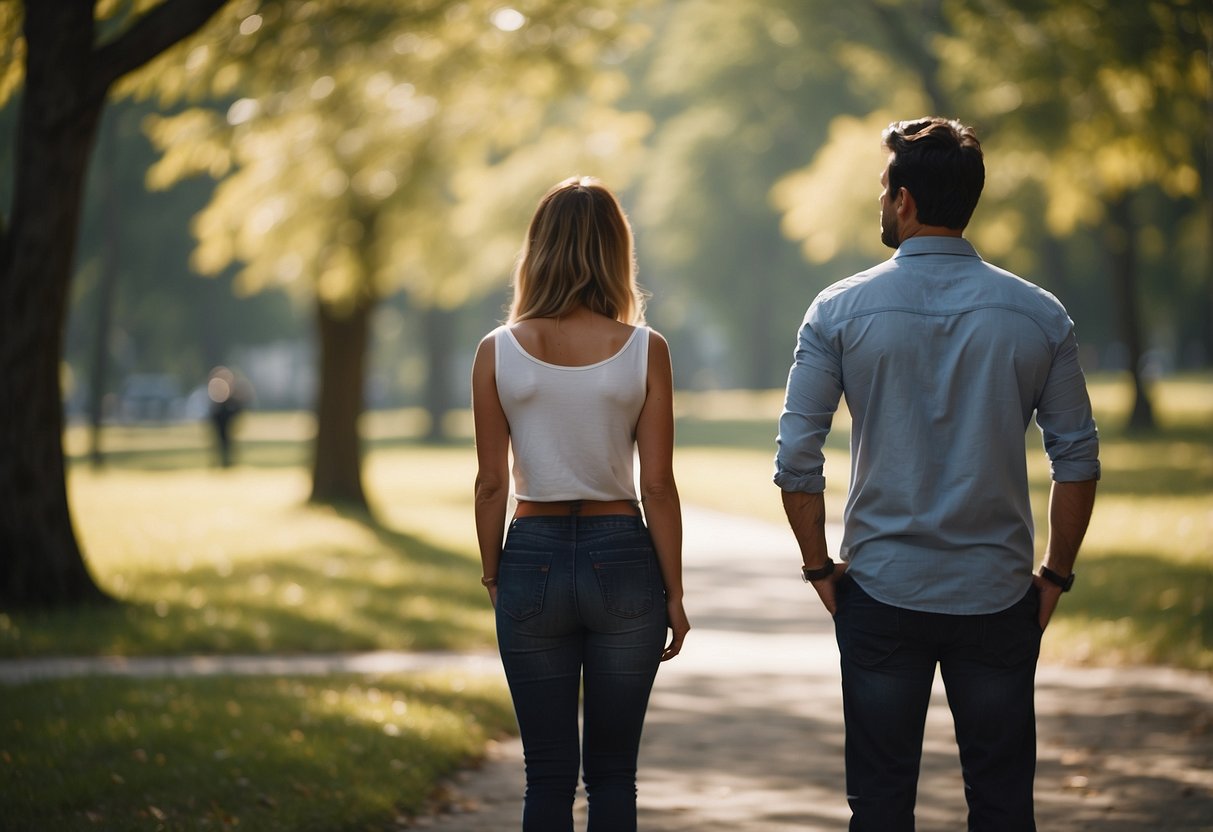 A woman stands alone while her husband looks away, showing lack of support