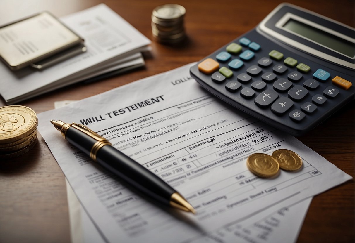 A table with financial documents, calculator, and pen. A stack of bills and coins representing savings. A document labeled "Last Will and Testament."