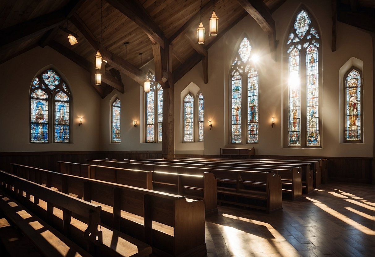 June: empty wedding chapel, sunlight streaming through stained glass, rows of empty pews, silent organ, stillness in the air