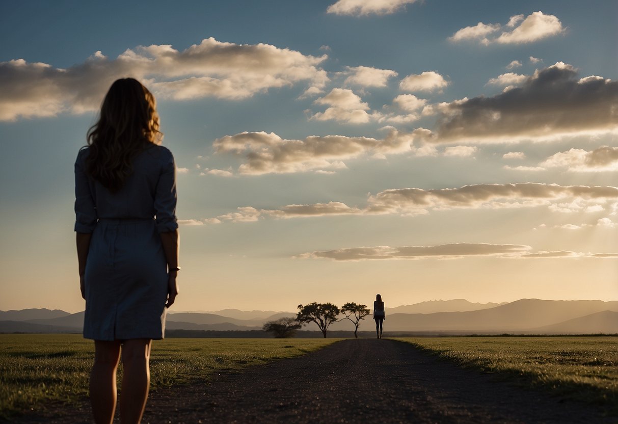 A woman stands alone, gazing at a distant horizon, while a shadow of her husband looms behind her, unmoving and unsupportive