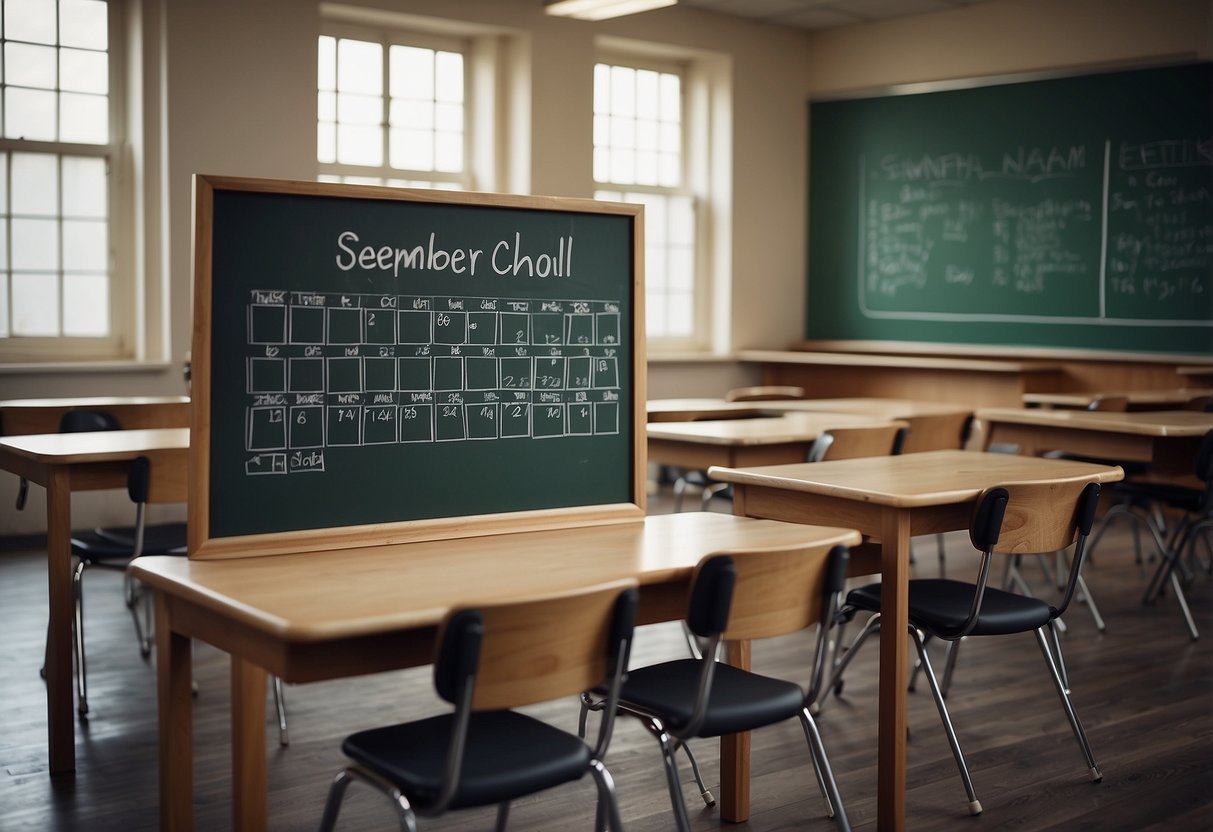 A classroom with desks and chairs, a chalkboard with "September - Back to School" written on it. A calendar showing the month's dates, with a wedding date crossed out