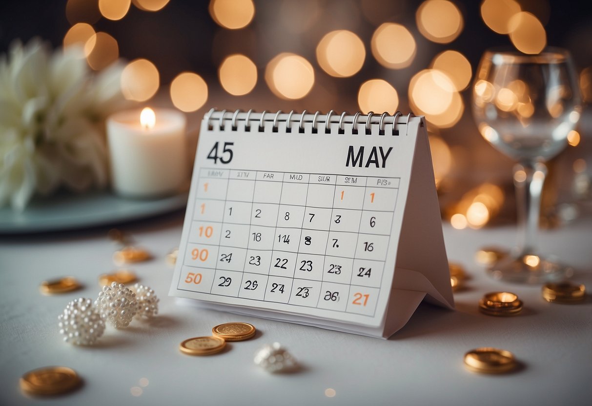 A calendar with "May" highlighted, surrounded by prom decorations and a wedding date crossed out