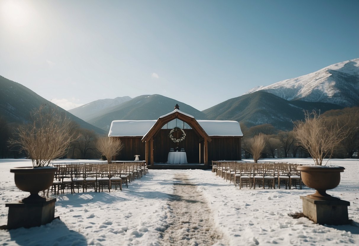 A barren wedding venue in January, with snow-covered grounds and a cold, desolate atmosphere