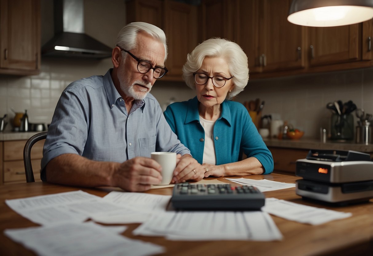 A 60-year-old couple sits at a kitchen table, surrounded by bills and a calculator. They discuss their savings and retirement plans, with a worried expression on their faces