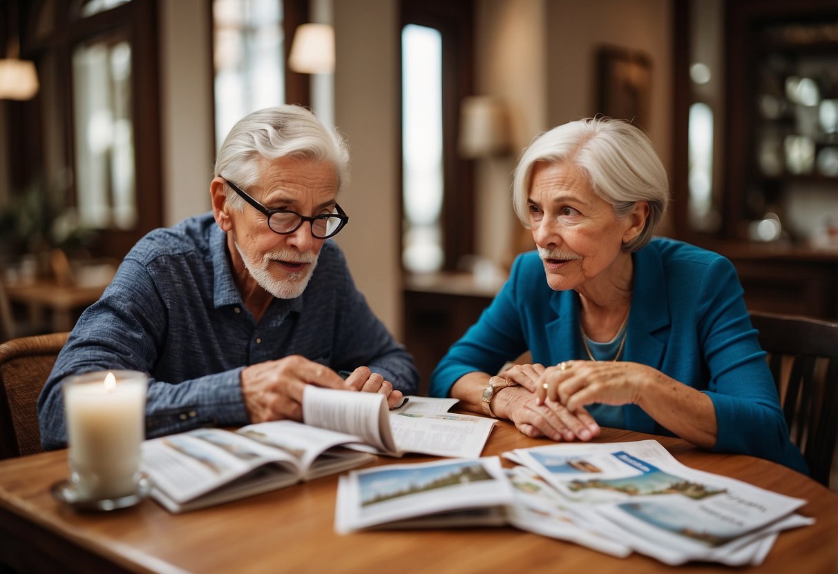 A 60-year-old couple sits at a table, surrounded by travel brochures and financial documents. They are deep in discussion, calculating and planning for their upcoming trip, with a determined look on their faces