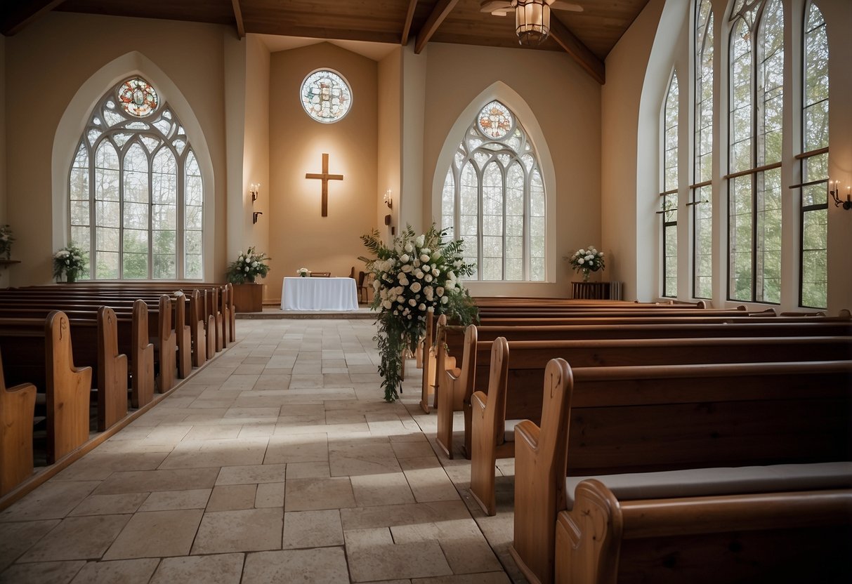 A deserted wedding chapel in a tranquil setting, with empty pews and a serene atmosphere, symbolizing the slowest month for weddings