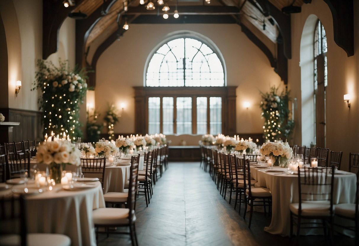 A serene, empty wedding venue with soft lighting and a tranquil atmosphere, showcasing the peacefulness and intimacy of an off-peak wedding