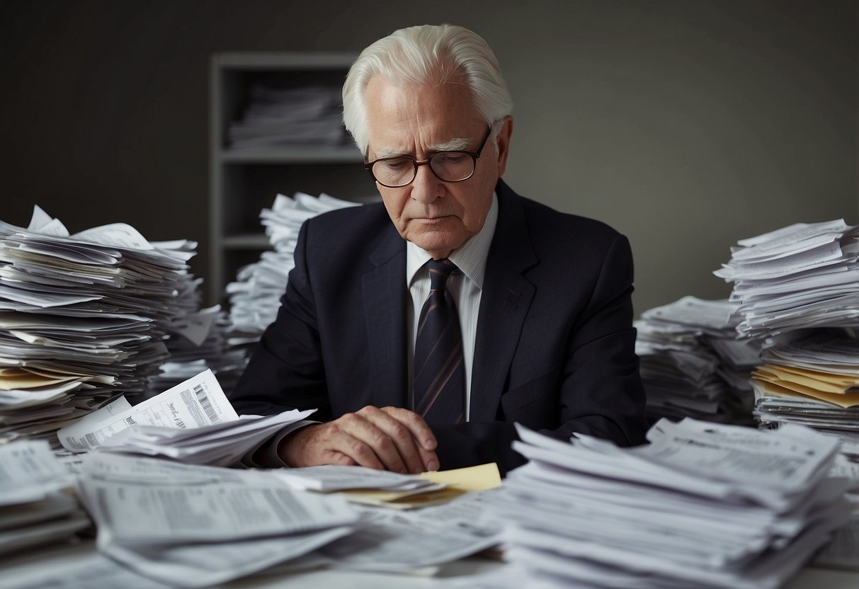 A pile of bills and receipts scattered on a table, a calculator with a tape of expenses, and a worried expression on the faces of a 60-year-old couple