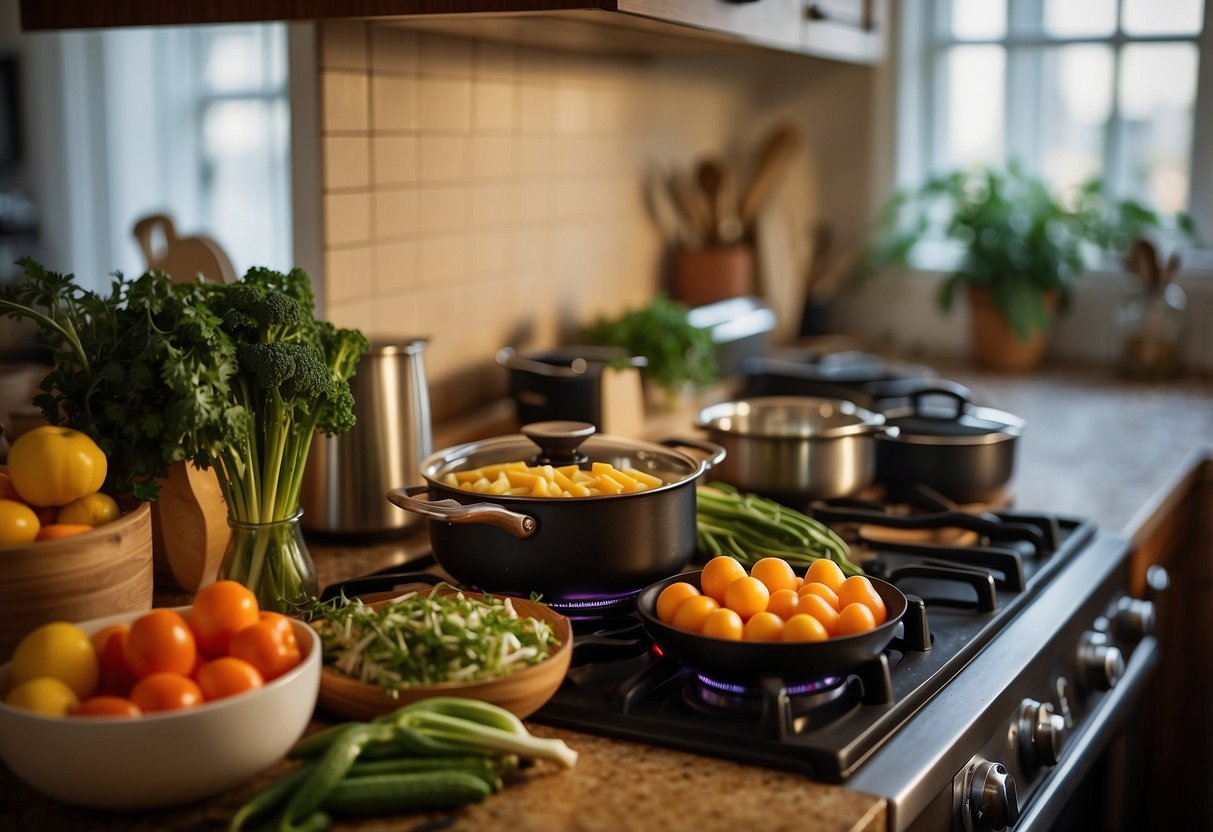 A kitchen with pots and pans on the stove, fresh ingredients on the counter, and a cookbook open to a healthy recipe