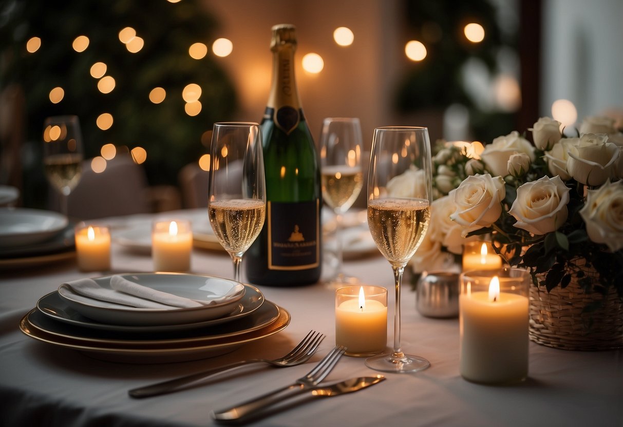 A romantic dinner setting with a table adorned with candles, flowers, and elegant dinnerware. A bottle of champagne chilling in an ice bucket, with soft music playing in the background