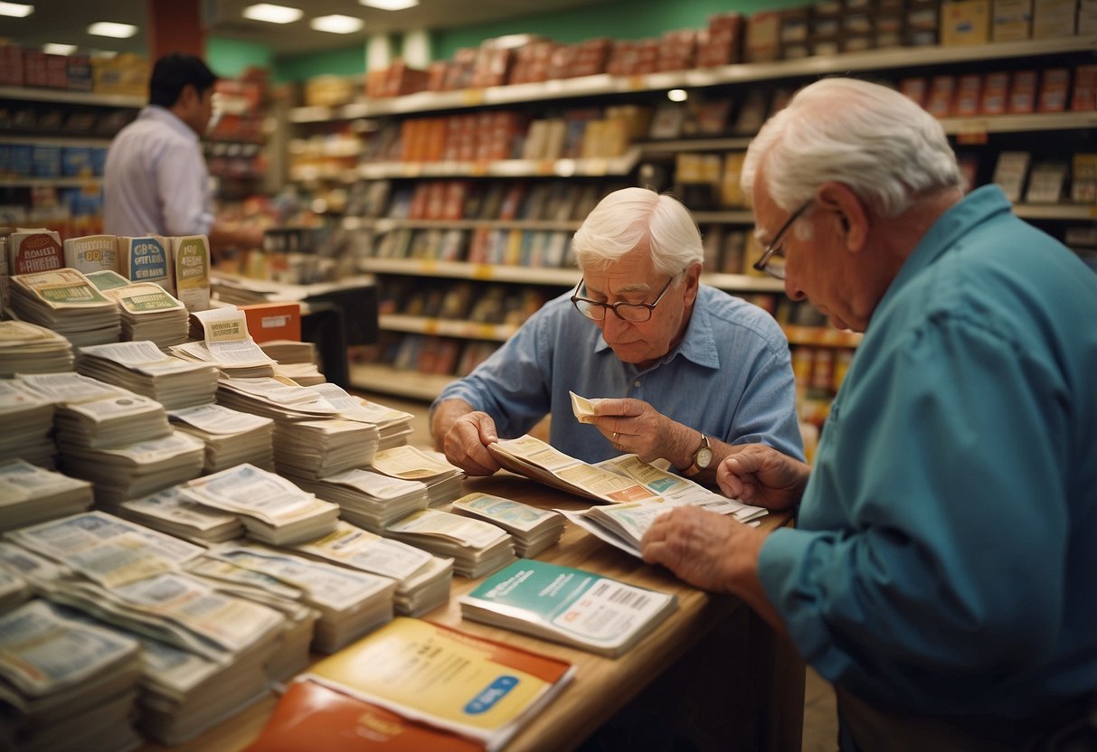 An elderly couple sorting through coupons and calculating savings in a busy shop