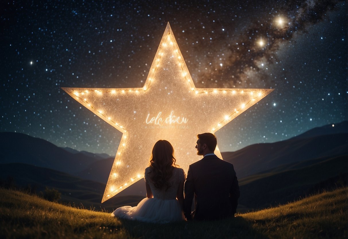 A couple sits under a starry night sky, with a personalized star map of their wedding anniversary date displayed in front of them