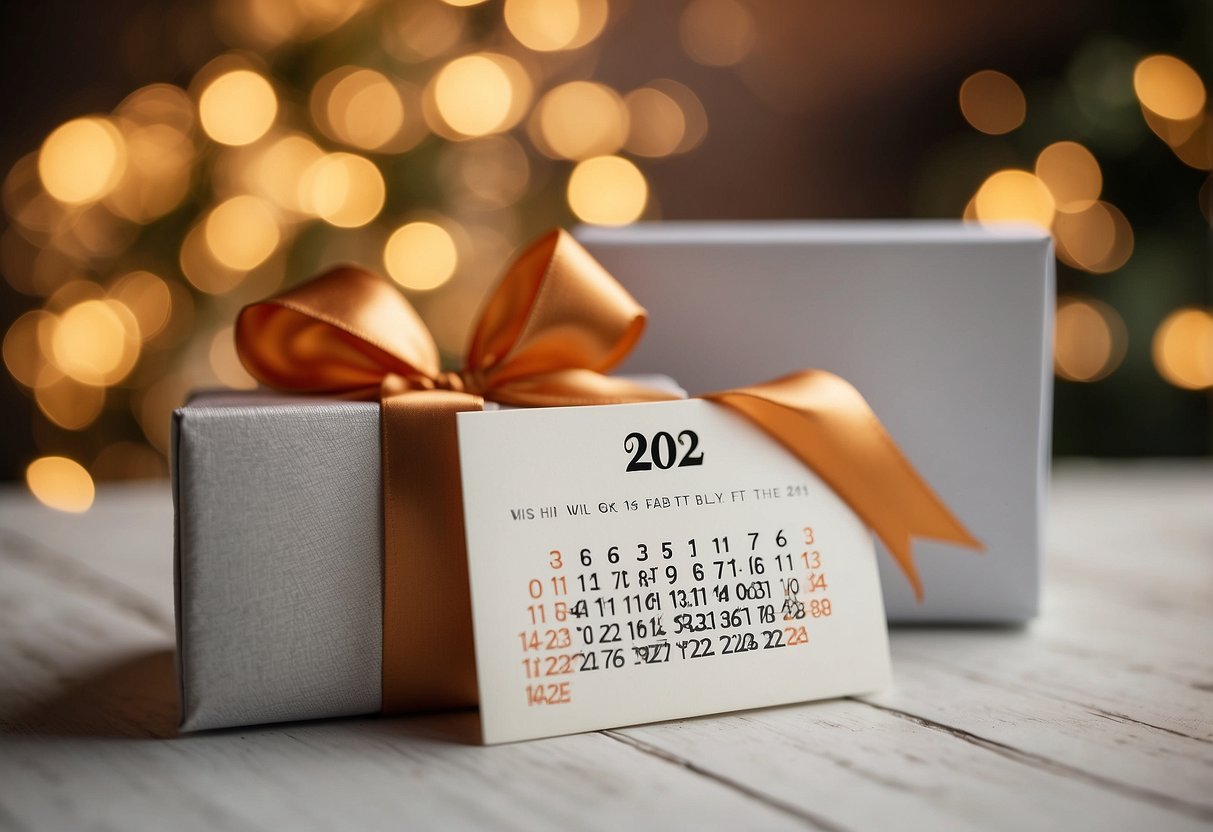 A gift card to a favorite store sits atop a beautifully wrapped wedding present, with a 2024 calendar in the background