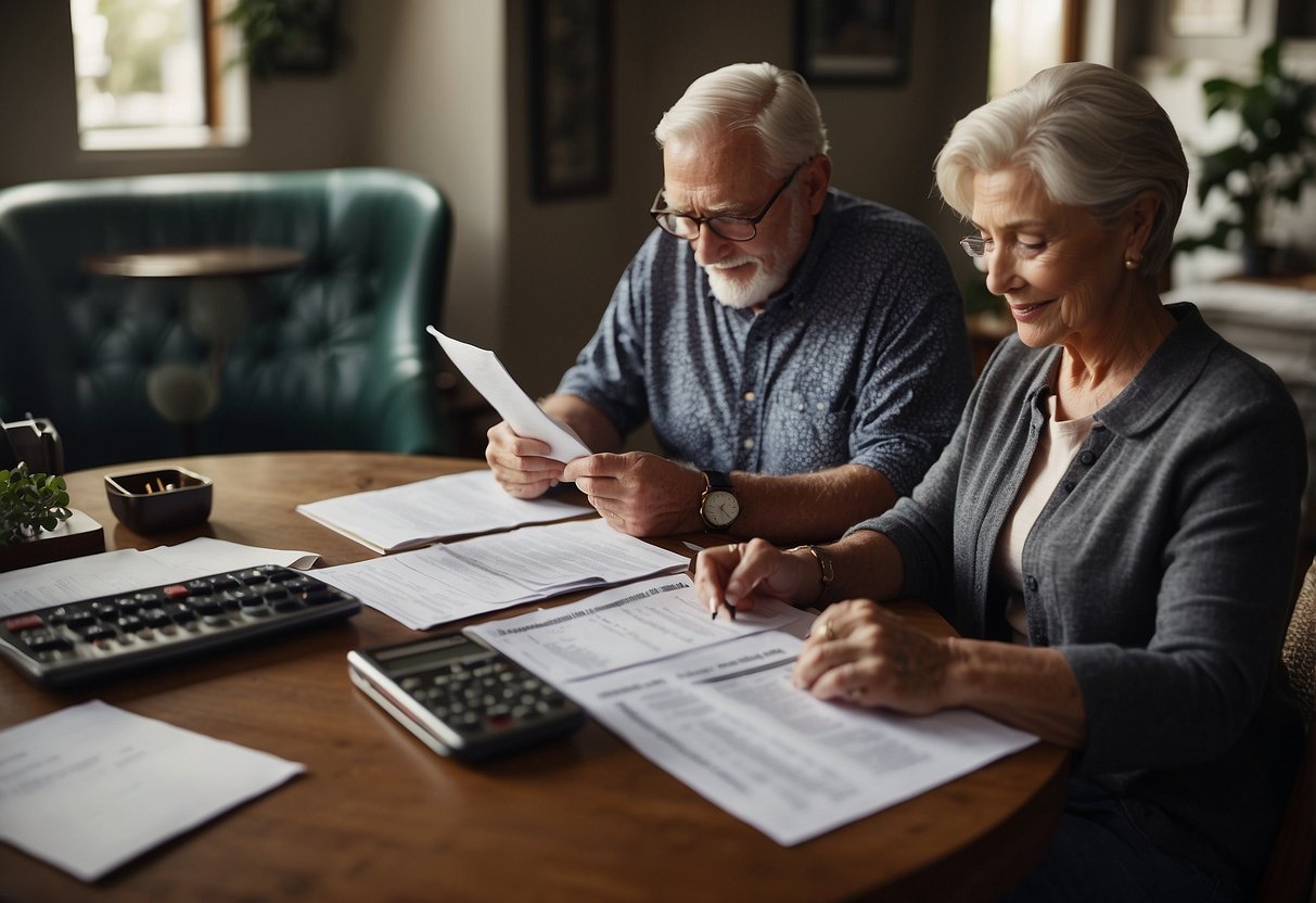 A 60-year-old couple sitting at a table, reviewing phone plan documents with a calculator and notepad, surrounded by financial papers and a savings account statement