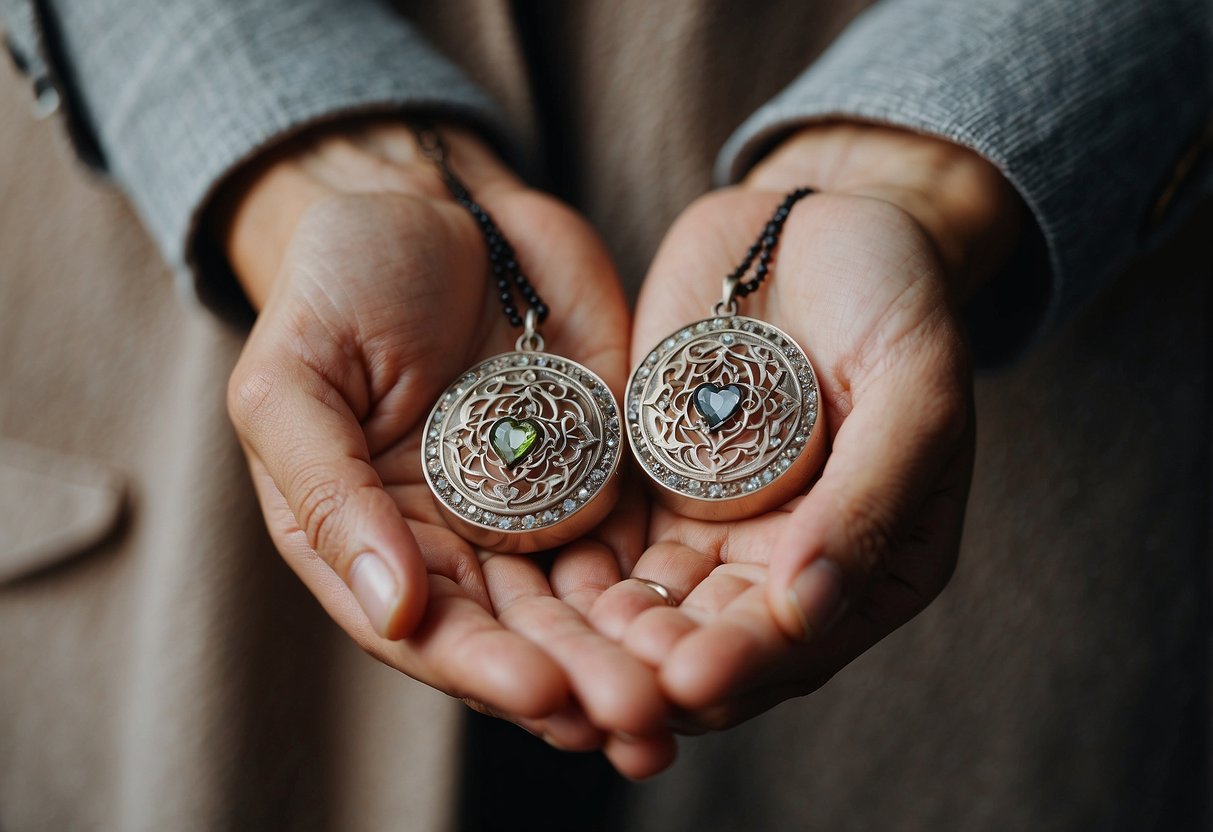 A couple's hands holding custom engraved jewelry, surrounded by symbols of love and commitment for their 29th wedding anniversary