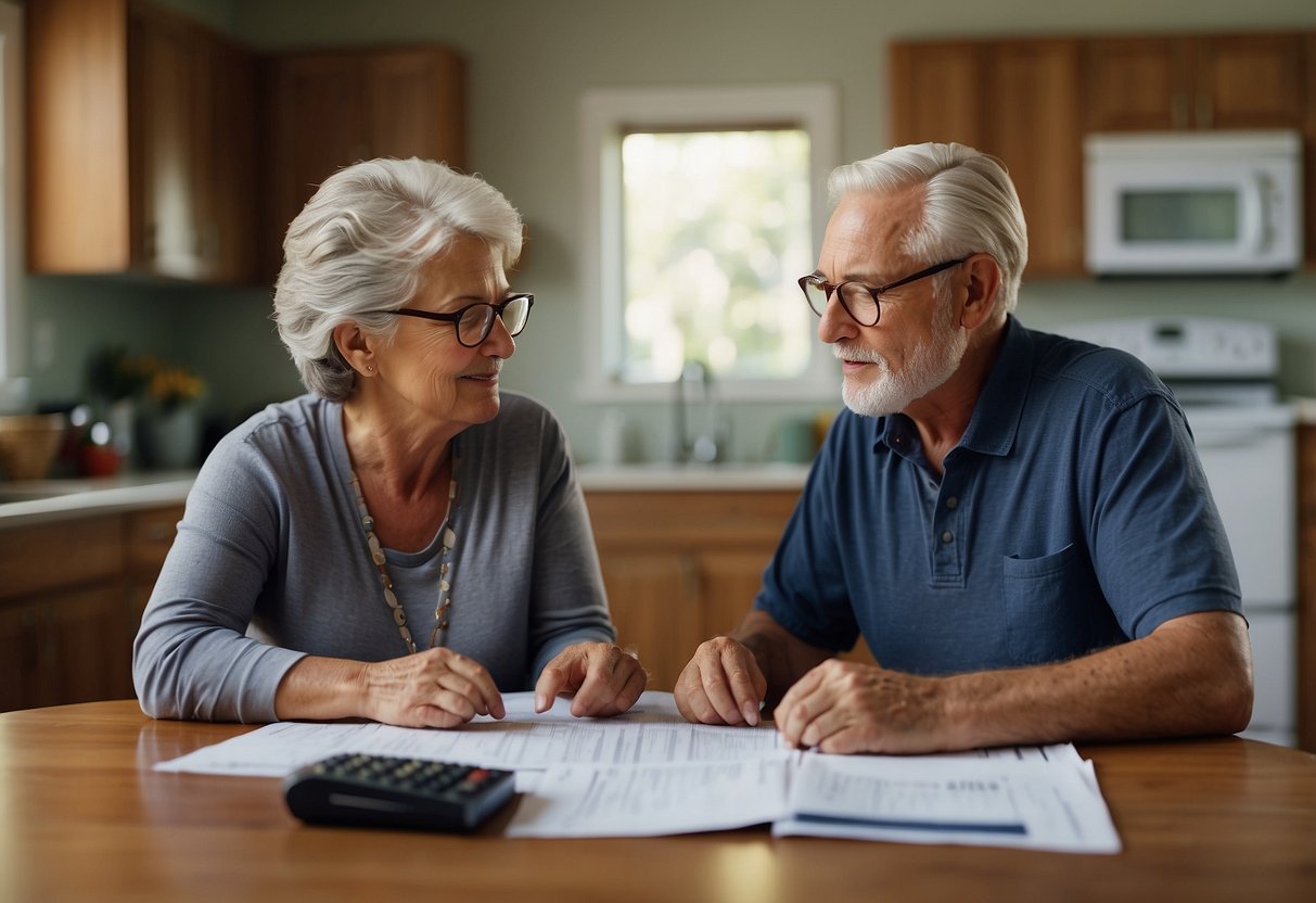 A 60-year-old couple sits at a kitchen table, surrounded by financial documents. A calculator, pen, and notebook are scattered across the table as they discuss their mortgage and savings