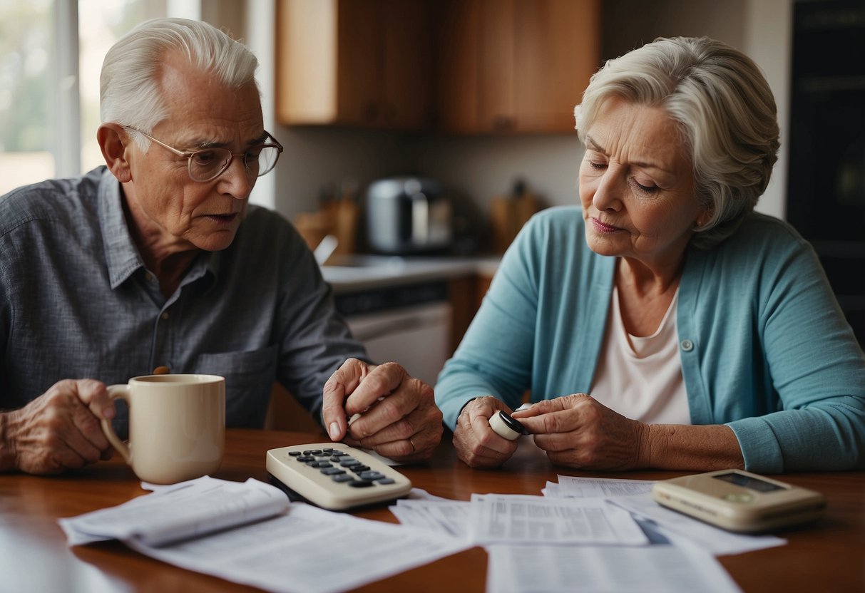 A 60-year-old couple sits at a kitchen table, surrounded by bills and a calculator. They are deep in discussion, trying to determine how much they should have in savings