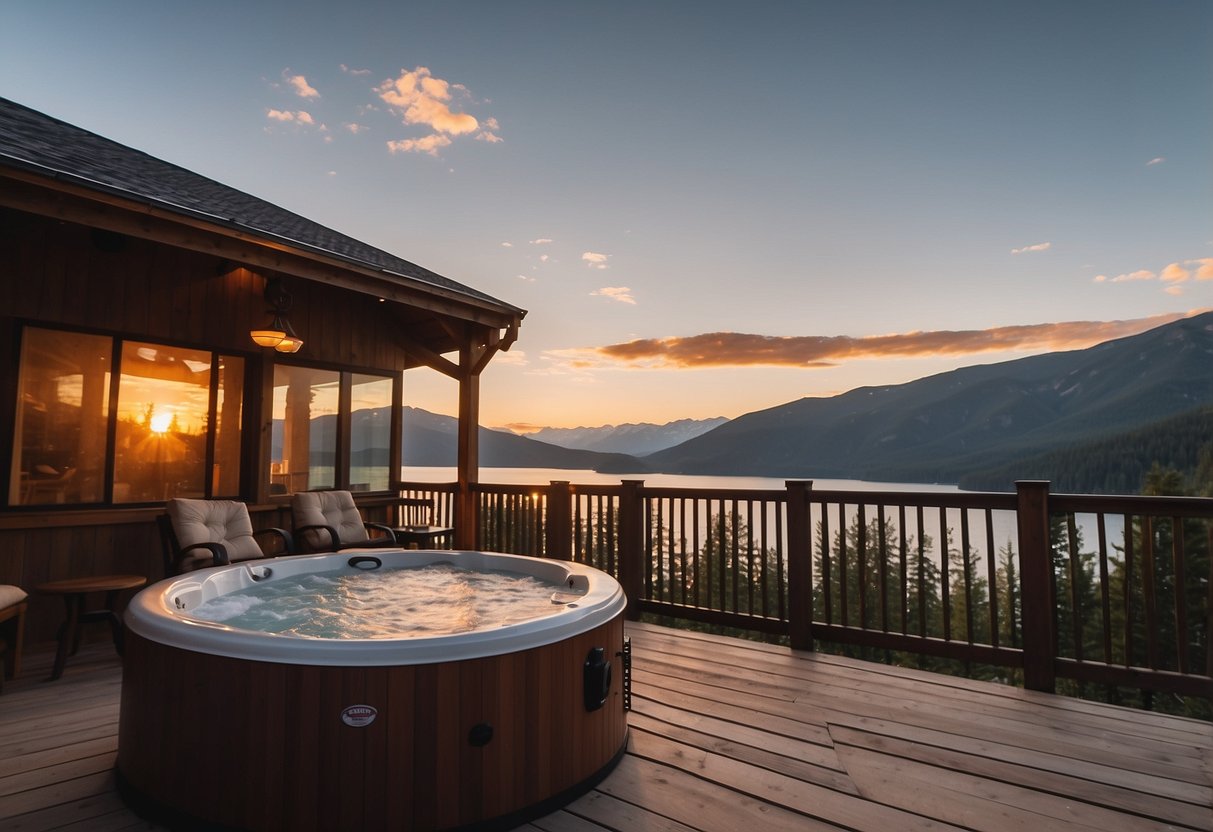 A cozy cabin nestled in the mountains, with a crackling fire and a bottle of champagne on ice. A hot tub on the deck overlooks a serene lake at sunset