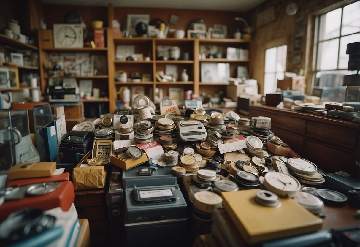 A cluttered thrift store with various second-hand items. A sign reads "How much should a 60-year-old couple have in savings?" Displayed prominently