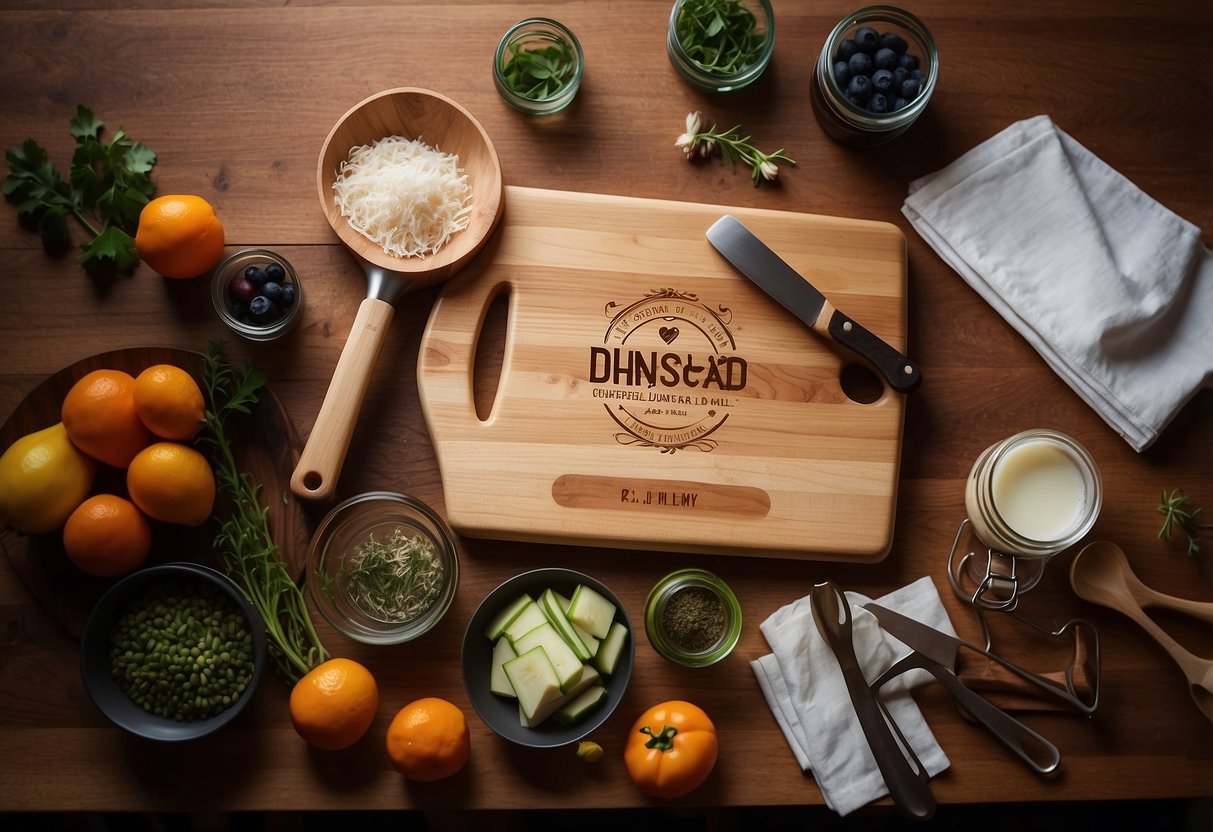 A personalized cutting board with wedding date and names, surrounded by kitchen utensils and wrapped in elegant packaging