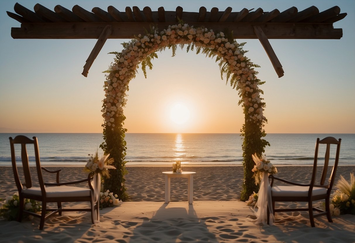 A serene beach at sunset, with a flower-adorned arch and two chairs facing the ocean. A gentle breeze rustles the palm trees, creating a romantic atmosphere for a vow renewal ceremony