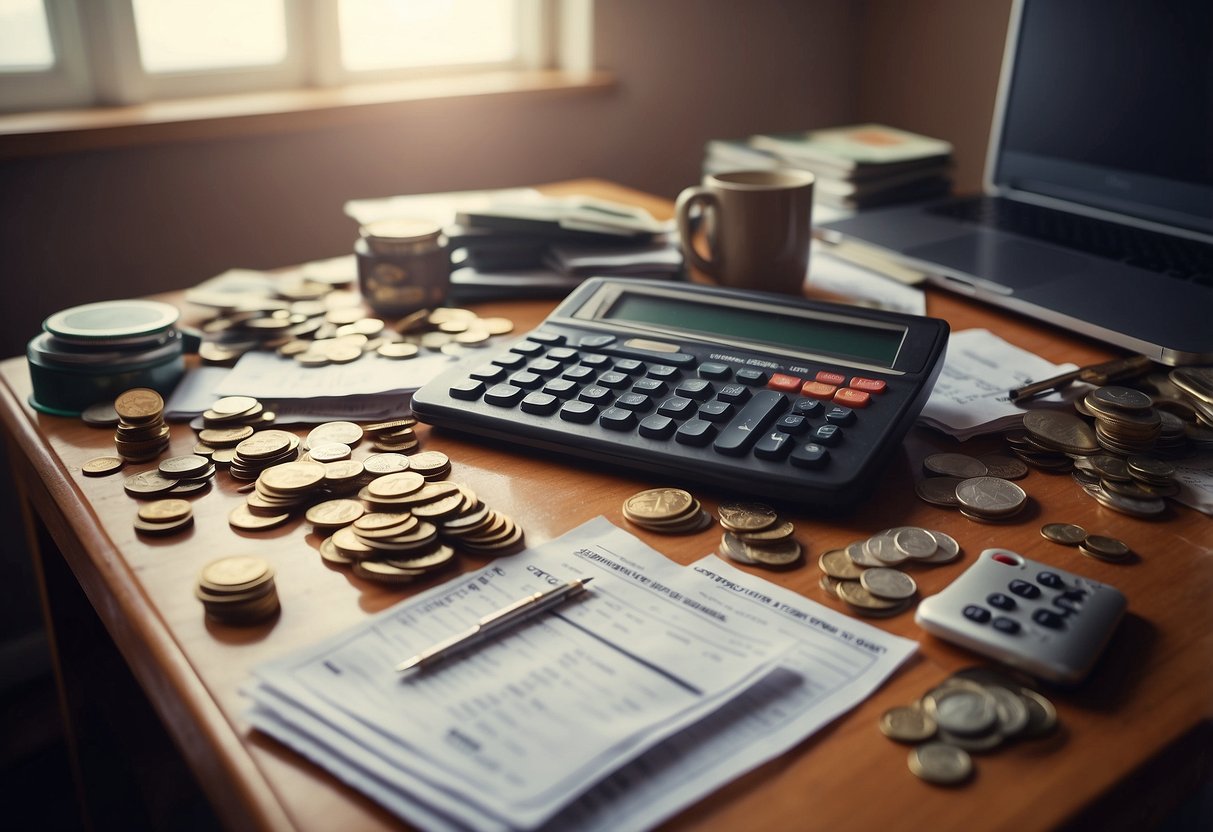 A cluttered room with various unused items scattered around. A calculator and financial documents on a table, indicating the couple's attempt to calculate their savings