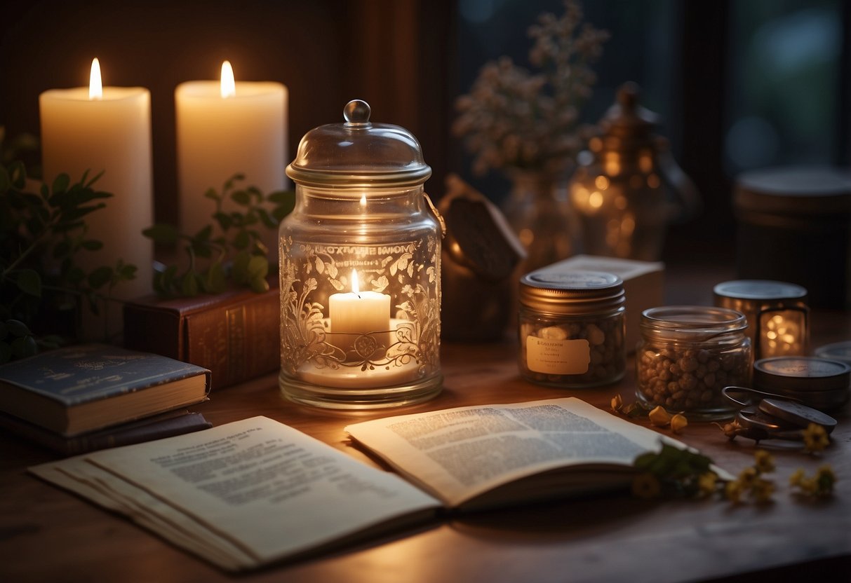 A table with a memory jar, surrounded by photos and mementos from 29 years of marriage. A candle flickers, casting a warm glow