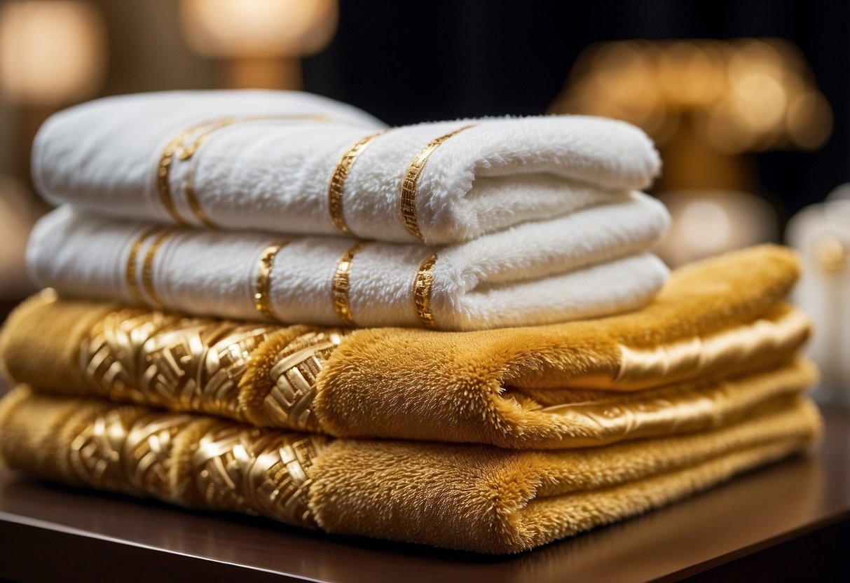 A stack of plush, white towels with gold embroidery, displayed in a high-end boutique