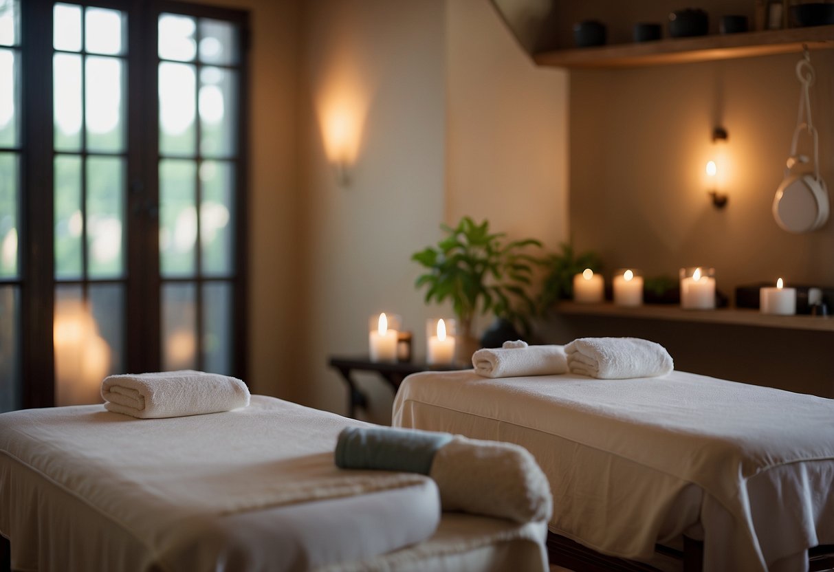 A serene spa room with two massage tables, soft lighting, and soothing music. Aromatherapy scents fill the air as the couple relaxes during their massage session