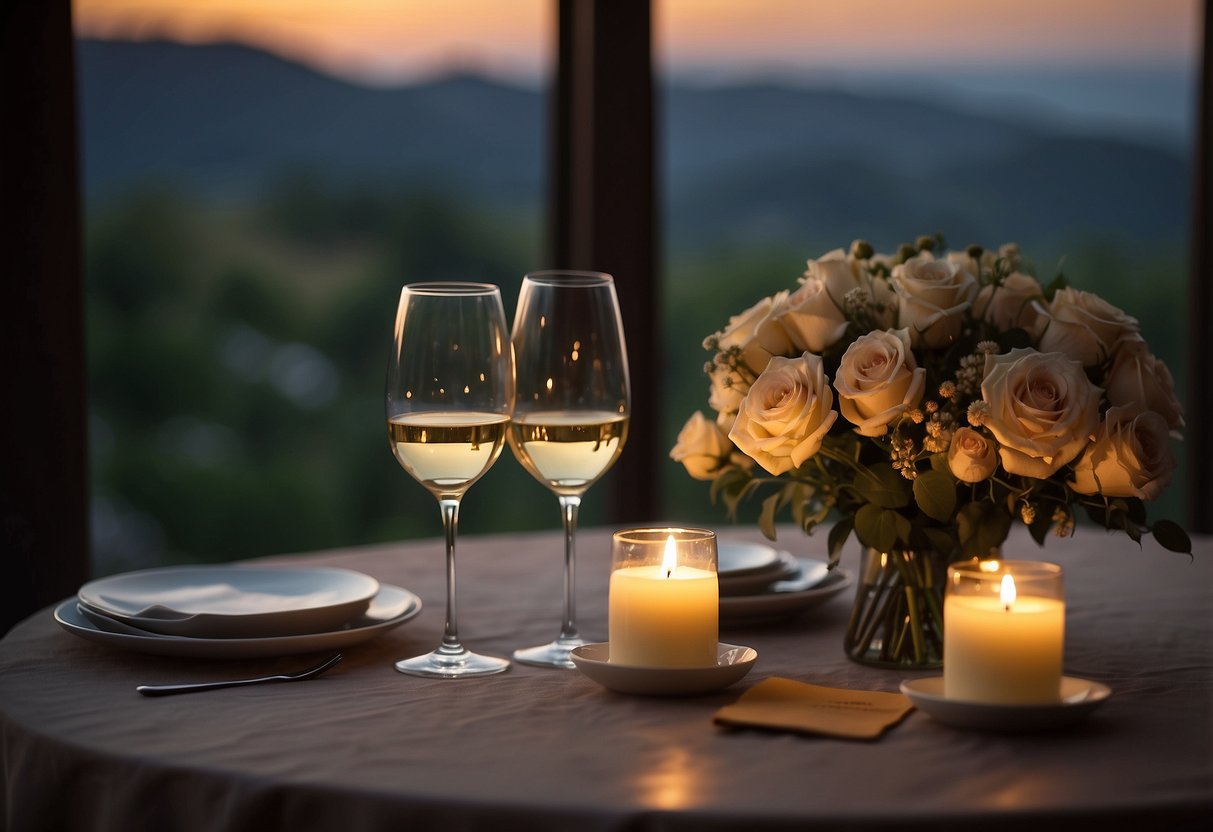 A candlelit table with two wine glasses, a bouquet of flowers, and a handwritten note. A romantic setting with soft lighting and a scenic view