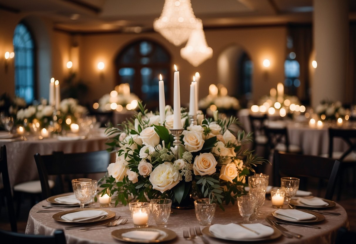 A beautifully decorated wedding reception with a custom art print displayed prominently, surrounded by elegant floral arrangements and soft candlelight