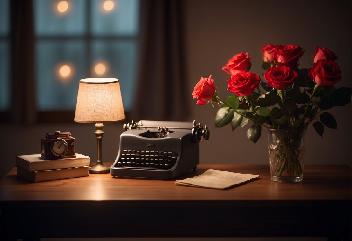 A table set with a vintage typewriter, a stack of love letters, and a vase of red roses. A soft glow from a nearby lamp illuminates the scene, creating a romantic ambiance