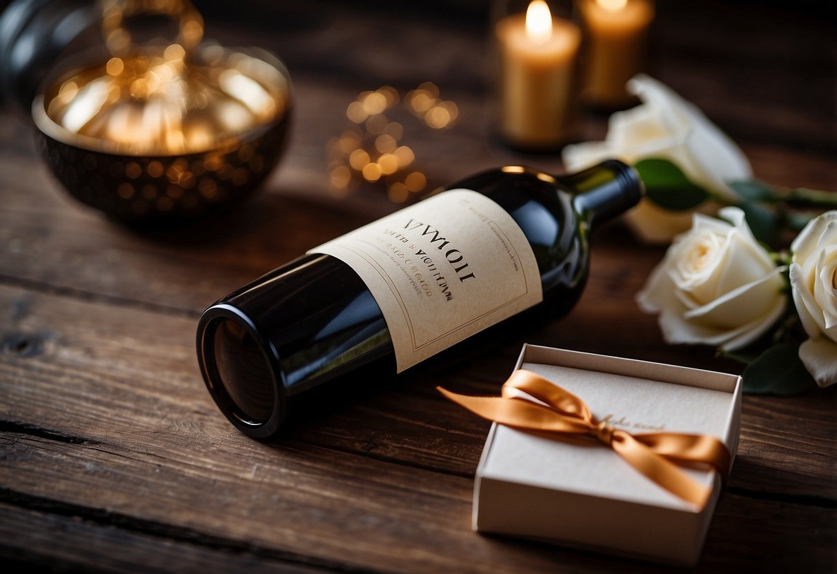 A beautifully wrapped Wine of the Month Club subscription box sits on a rustic wooden table, surrounded by elegant wedding decor