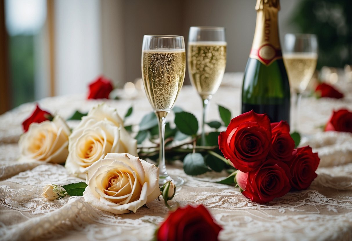 A couple's wedding photo displayed with a bouquet of red roses and a vintage champagne bottle on a lace tablecloth