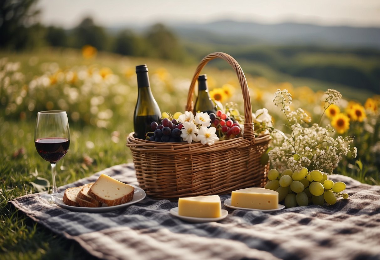 A picnic blanket laid out with a basket of wine and cheese, surrounded by blooming flowers and a serene landscape