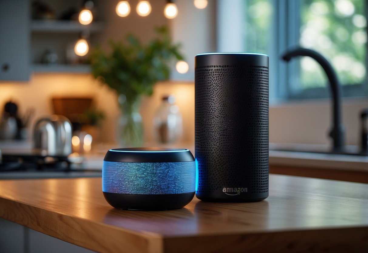 An Amazon Echo sits on a modern kitchen counter, displaying a holographic interface with the question "How much for a wedding gift in 2024?"