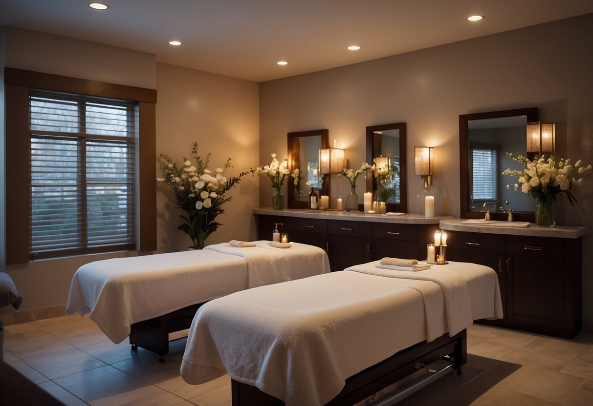 A serene spa room with two massage tables adorned with fresh flowers and soft, ambient lighting. Relaxing music plays in the background as the couple enjoys a luxurious side-by-side massage