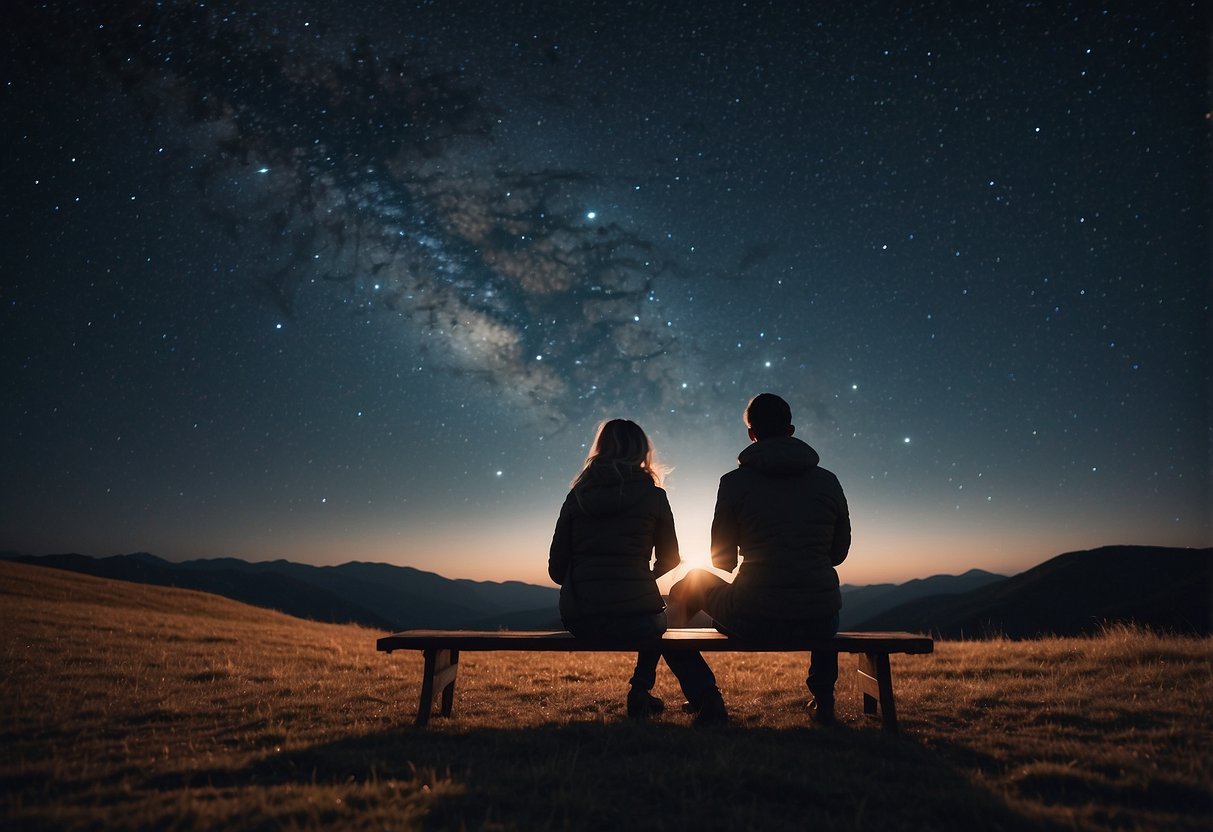 A couple sits under a starry sky, pointing to a specific star. A telescope and a map of the constellations are spread out in front of them