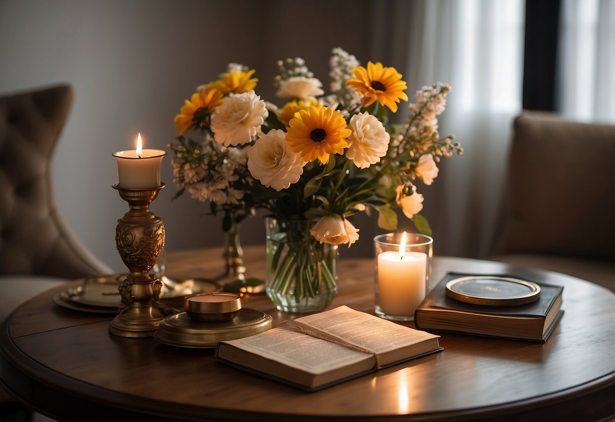 A table set with a vintage photo album, a vase of flowers, and a candle. Soft lighting casts a warm glow over the scene