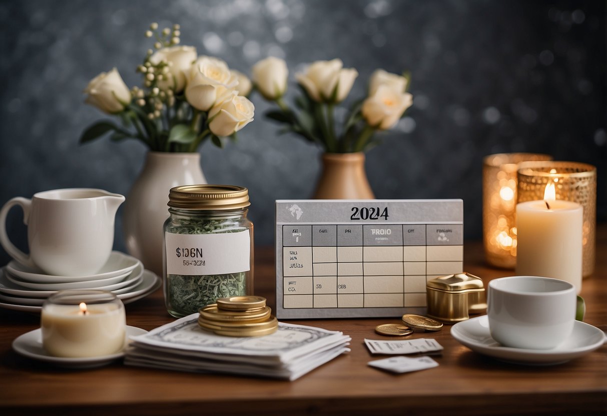 A table set with a mix of traditional and modern wedding gifts, including cash, gift cards, and household items. A calendar showing the year 2024 hangs on the wall