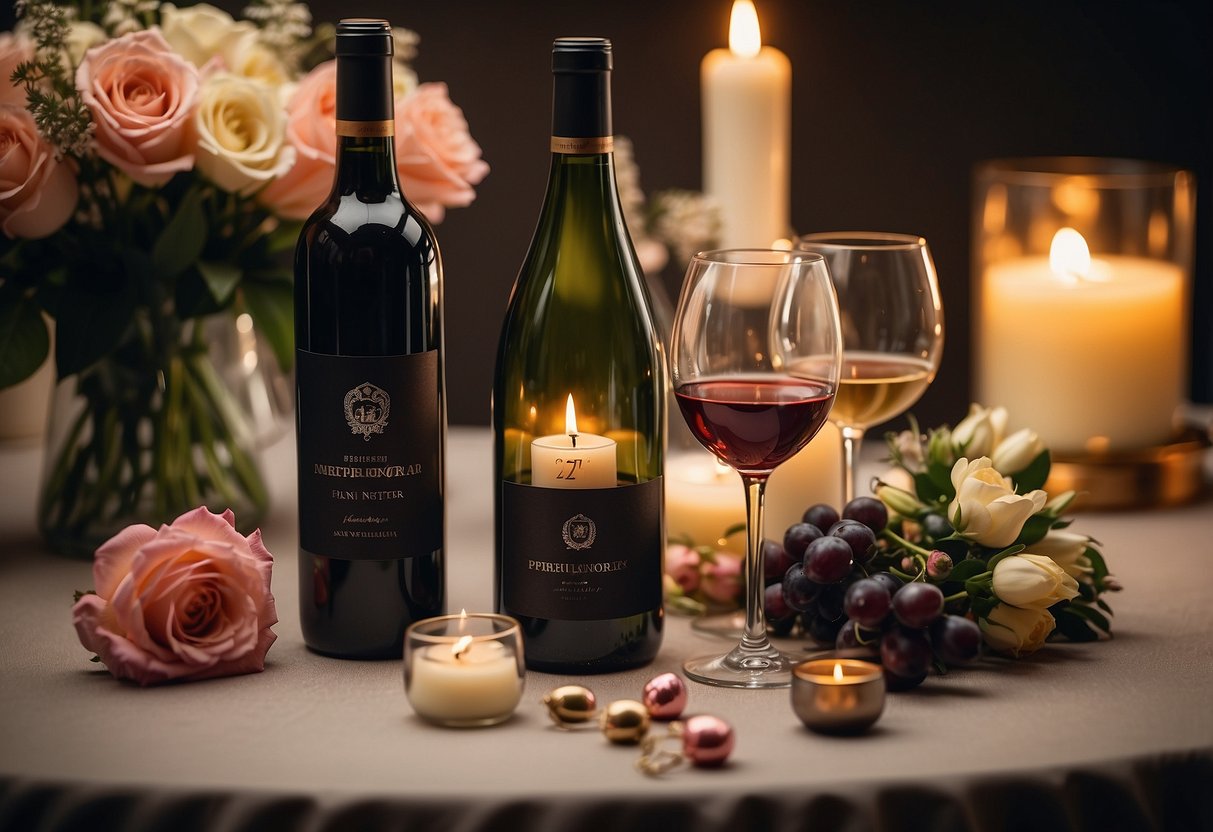 A table set with two personalized wine bottles, labeled with "29th anniversary", surrounded by romantic candles and flowers