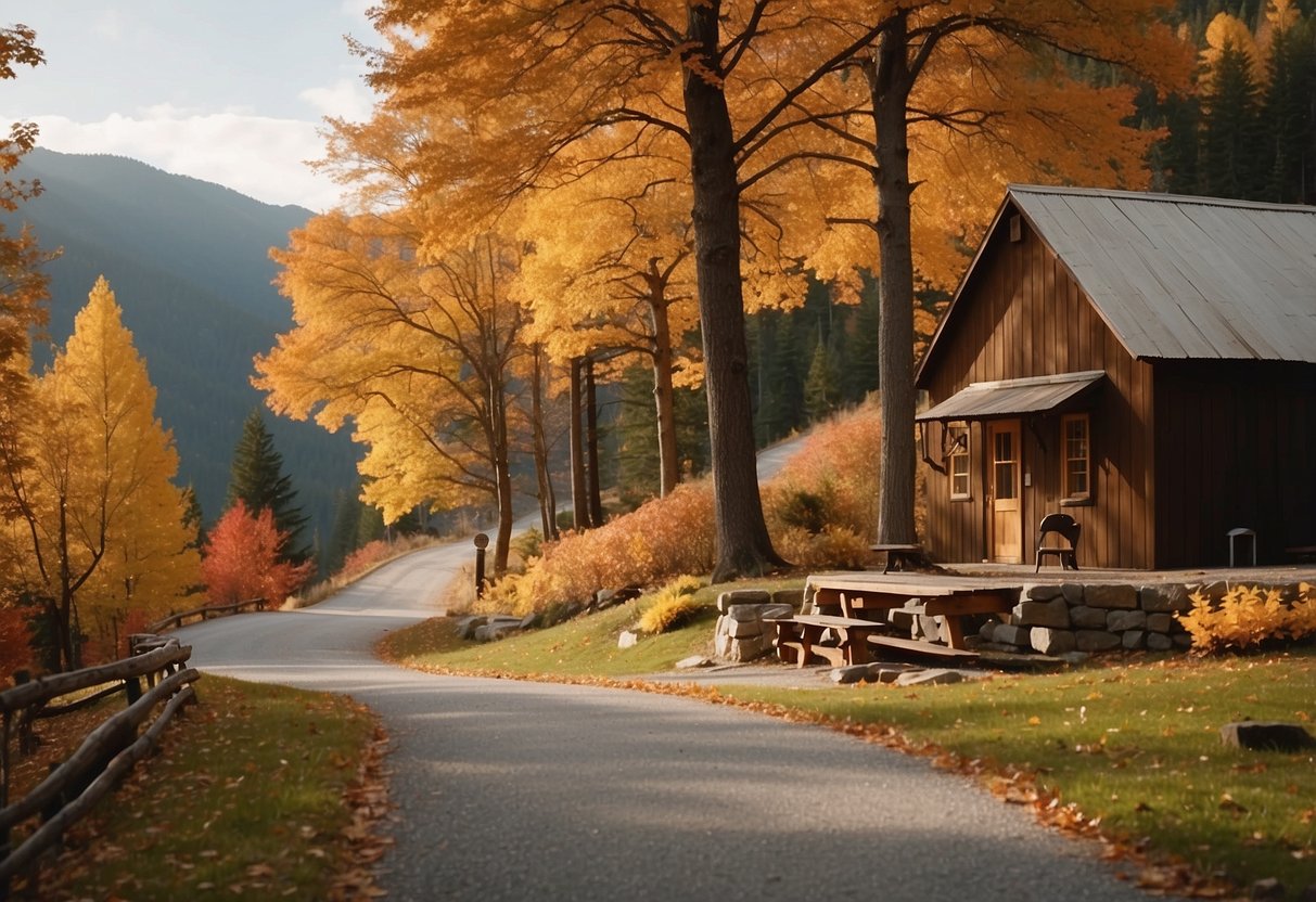 A winding road cuts through colorful autumn foliage, leading to a cozy cabin nestled in the mountains. A picnic table is set with a basket of goodies, as a couple enjoys a romantic weekend getaway