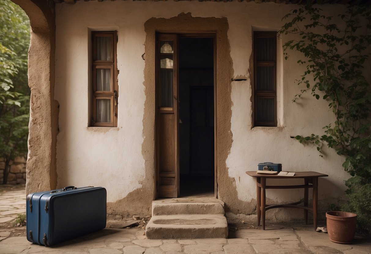 A deserted house with an open door, a suitcase left behind, and a note on the table