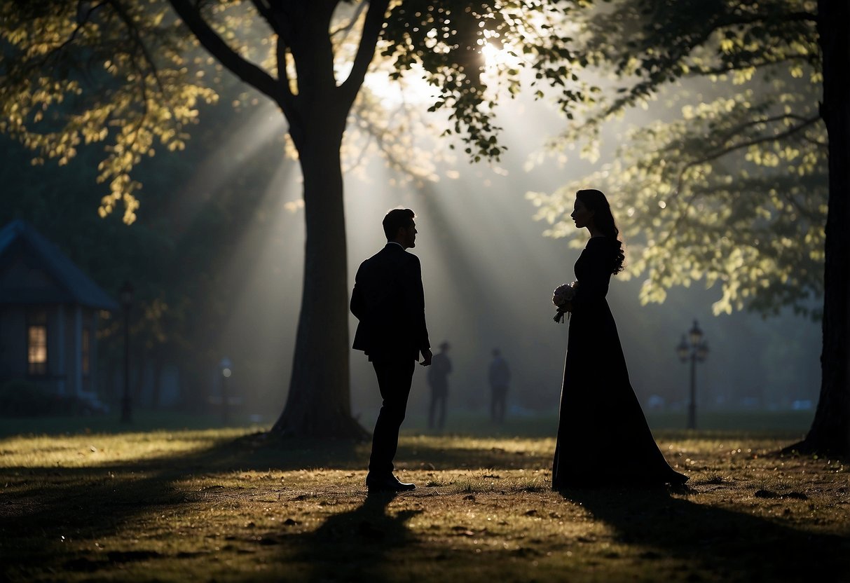 A woman's silhouette walks away from a shadowy figure, symbolizing the loss of respect in a marriage