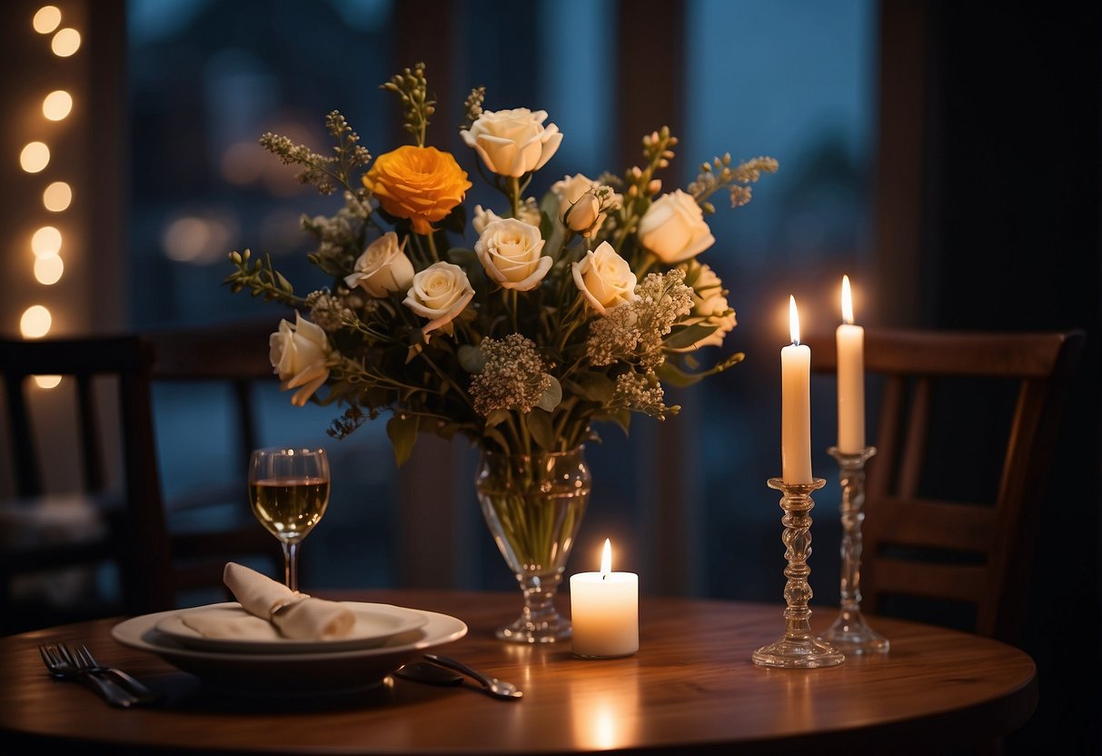 A deserted dinner table with two empty chairs, a single lit candle, and a wilted bouquet of flowers